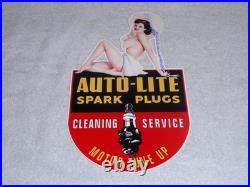 VINTAGE AUTO LITE SPARK PLUGS With WOMAN IN HAT! 13 METAL GASOLINE & OIL SIGN