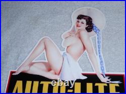 VINTAGE AUTO LITE SPARK PLUGS With WOMAN IN HAT! 13 METAL GASOLINE & OIL SIGN