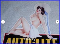 VINTAGE AUTO LITE SPARK PLUGS With WOMAN IN HAT! 13 METAL GASOLINE & OIL SIGN