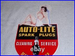 VINTAGE AUTO LITE SPARK PLUGS With WOMAN IN HAT! 13 METAL GASOLINE & OIL SIGN