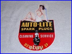 VINTAGE AUTO LITE SPARK PLUGS With WOMAN IN HAT! 13 METAL GASOLINE & OIL SIGN