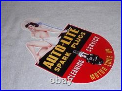 VINTAGE AUTO LITE SPARK PLUGS With WOMAN IN HAT! 13 METAL GASOLINE & OIL SIGN