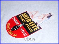VINTAGE AUTO LITE SPARK PLUGS With WOMAN IN HAT! 13 METAL GASOLINE & OIL SIGN