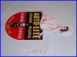 VINTAGE AUTO LITE SPARK PLUGS With WOMAN IN HAT! 13 METAL GASOLINE & OIL SIGN