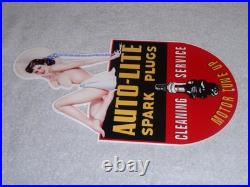 VINTAGE AUTO LITE SPARK PLUGS With WOMAN IN HAT! 13 METAL GASOLINE & OIL SIGN