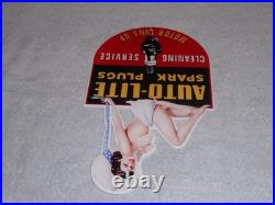 VINTAGE AUTO LITE SPARK PLUGS With WOMAN IN HAT! 13 METAL GASOLINE & OIL SIGN