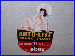 VINTAGE AUTO LITE SPARK PLUGS With WOMAN IN HAT! 13 METAL GASOLINE & OIL SIGN