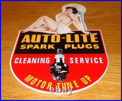 VINTAGE AUTO LITE SPARK PLUGS With WOMAN IN HAT! 13 METAL GASOLINE & OIL SIGN