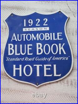 VINTAGE AUTOMOBILE BLUE BOOK HOTEL PORCELAIN SIGN 10x9