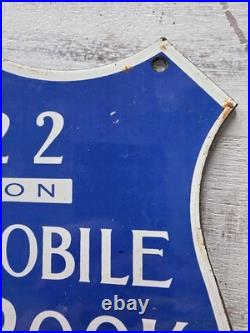VINTAGE AUTOMOBILE BLUE BOOK HOTEL PORCELAIN SIGN 10x9