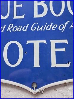 VINTAGE AUTOMOBILE BLUE BOOK HOTEL PORCELAIN SIGN 10x9