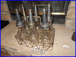 Vintage Automobile Glass Oil Bottles With Spouts, Caps & Carrying Cage