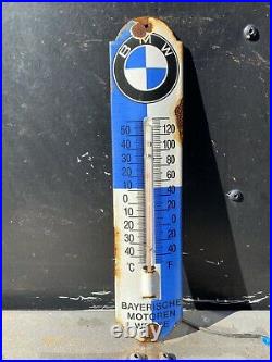 VINTAGE BMW PORCELAIN THERMOMETER SIGN Gas Oil German Luxury Race Car 12 Barn