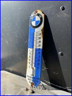 VINTAGE BMW PORCELAIN THERMOMETER SIGN Gas Oil German Luxury Race Car 12 Barn