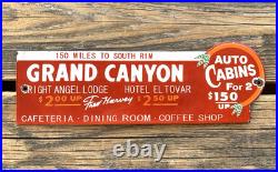 VINTAGE GRAND CANYON AUTO LODGE CABINS 12x4 PORCELAIN GAS PUMP STATION OIL SIGN