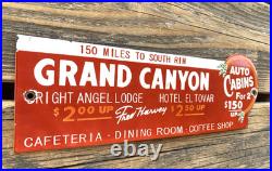 VINTAGE GRAND CANYON AUTO LODGE CABINS 12x4 PORCELAIN GAS PUMP STATION OIL SIGN