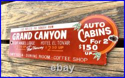 VINTAGE GRAND CANYON AUTO LODGE CABINS 12x4 PORCELAIN GAS PUMP STATION OIL SIGN