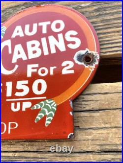 VINTAGE GRAND CANYON AUTO LODGE CABINS 12x4 PORCELAIN GAS PUMP STATION OIL SIGN