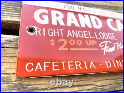 VINTAGE GRAND CANYON AUTO LODGE CABINS 12x4 PORCELAIN GAS PUMP STATION OIL SIGN
