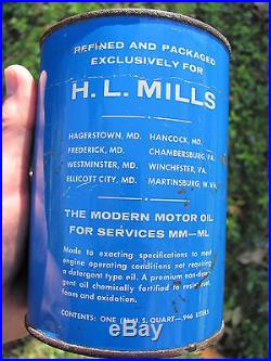 VINTAGE H. L. MILLS MOTOR OIL CAN ONE QUART with TRAIN TANKER CAR LooK