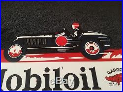 Vintage Mobil Mobiloil Gargoyle Race Car 16 X 10 Metal 2 Sided Flange Sign Nr