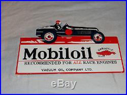 Vintage Mobil Mobiloil Gargoyle Race Car 16 X 10 Metal 2 Sided Flange Sign Nr