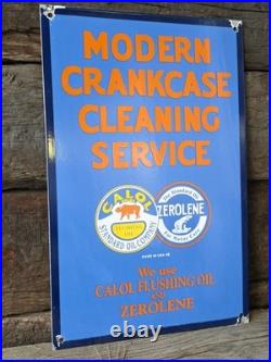 VINTAGE MODERN CRANKCASE CLEANING SERVICE PORCELAIN SIGN CAR GAS AUTO 18x12