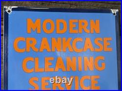 VINTAGE MODERN CRANKCASE CLEANING SERVICE PORCELAIN SIGN CAR GAS AUTO 18x12