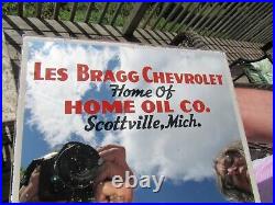 VINTAGE ORIGINAL 1920's LES BRAGG CHEVROLET / TEXACO REVERSE PAINTED GLASS SIGN