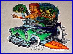 VINTAGE RATFINK DRIVES CAR With WOMAN MONSTER 12 METAL GASOLINE OIL RAT FINK SIGN