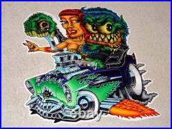 VINTAGE RATFINK DRIVES CAR With WOMAN MONSTER 12 METAL GASOLINE OIL RAT FINK SIGN