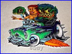 VINTAGE RATFINK DRIVES CAR With WOMAN MONSTER 12 METAL GASOLINE OIL RAT FINK SIGN