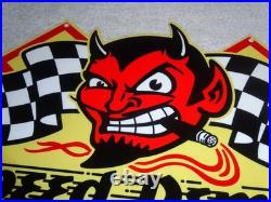 VINTAGE SPEED DEMON HOT ROD SHOP DEVIL With CIGAR 11 METAL CAR, GASOLINE OIL SIGN