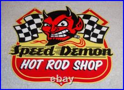 VINTAGE SPEED DEMON HOT ROD SHOP DEVIL With CIGAR 11 METAL CAR, GASOLINE OIL SIGN