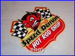 VINTAGE SPEED DEMON HOT ROD SHOP DEVIL With CIGAR 11 METAL CAR, GASOLINE OIL SIGN