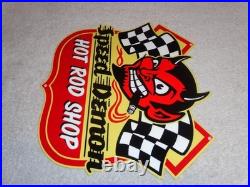 VINTAGE SPEED DEMON HOT ROD SHOP DEVIL With CIGAR 11 METAL CAR, GASOLINE OIL SIGN