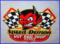 VINTAGE SPEED DEMON HOT ROD SHOP DEVIL With CIGAR 11 METAL CAR, GASOLINE OIL SIGN