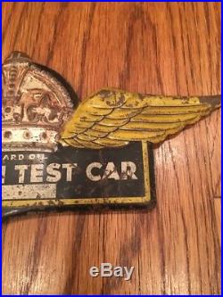 VINTAGE STANDARD OIL CROWN RESEARCH TEST CAR LICENSE PLATE TAG TOPPER 1930's