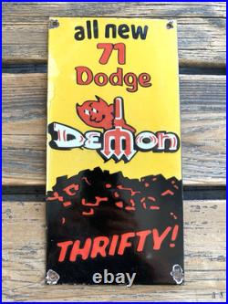 VINTAGE all new 71 DODGE DEMON DEVIL DEALER GAS STATION PORCELAIN OIL SIGN