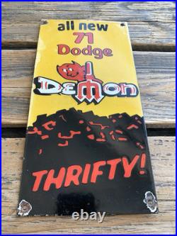 VINTAGE all new 71 DODGE DEMON DEVIL DEALER GAS STATION PORCELAIN OIL SIGN
