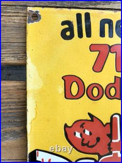 VINTAGE all new 71 DODGE DEMON DEVIL DEALER GAS STATION PORCELAIN OIL SIGN