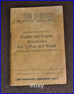 VTG 1944 Willys MB Ford GPW Jeep Engine & Accessories Manual TM9-1803A