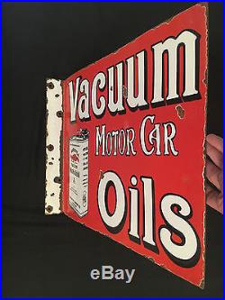 Vacuum Motor Car Oils 1940's Vintage Porcelain 2 Sided With Flange Enamel sign