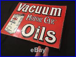 Vacuum Motor Car Oils 1940's Vintage Porcelain 2 Sided With Flange Enamel sign