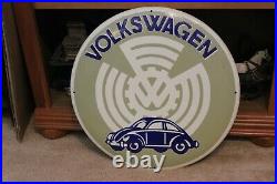 Very Nice Vintage Round Prewar Porcelain Volkswagen Beetle Sign