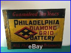 Very Rare Vintage Philadelphia Diamond Grid Battery Two Sided Sign 27 X 19