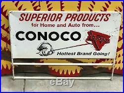 VinTagE Original CONOCO HOTTEST BRAND GOING Rack Sign Gas Oil Car OLD PATINA
