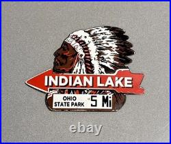 Vintage 12 Indian Lake Ohio Arrow Porcelain Sign Car Oil Gas Motorcycle Truck