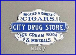 Vintage 18 City Drug Cigar Ice Porcelain Sign Car Gas Oil Truck Motorcycle