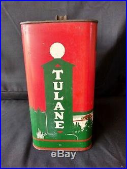 Vintage 1930s TULANE Oil Old Tin Metal Can With Car Graphic Sign RARE 2 Gallon